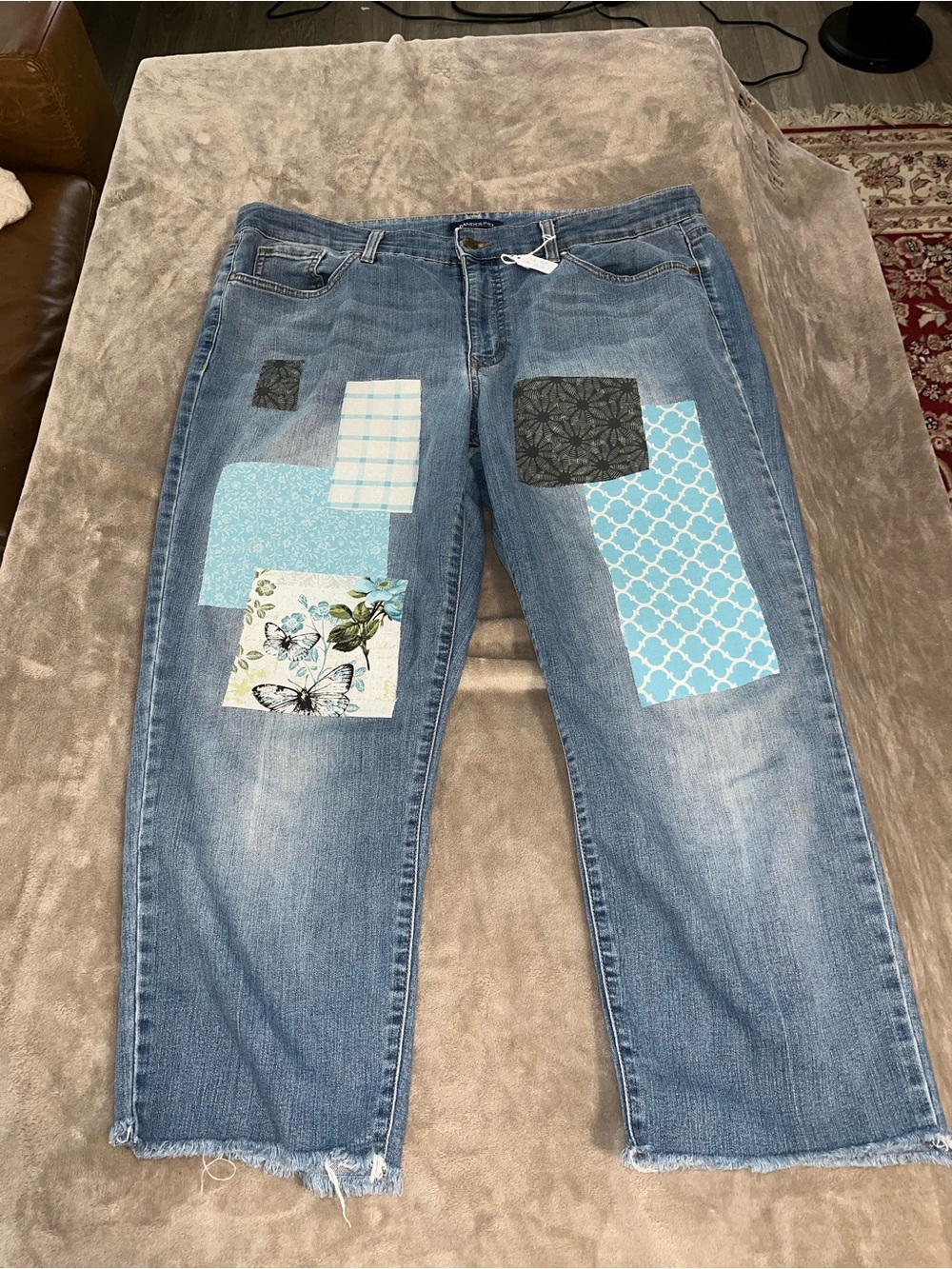 Blue Patchwork capris with Floral and Geometric Accents mom style recycled